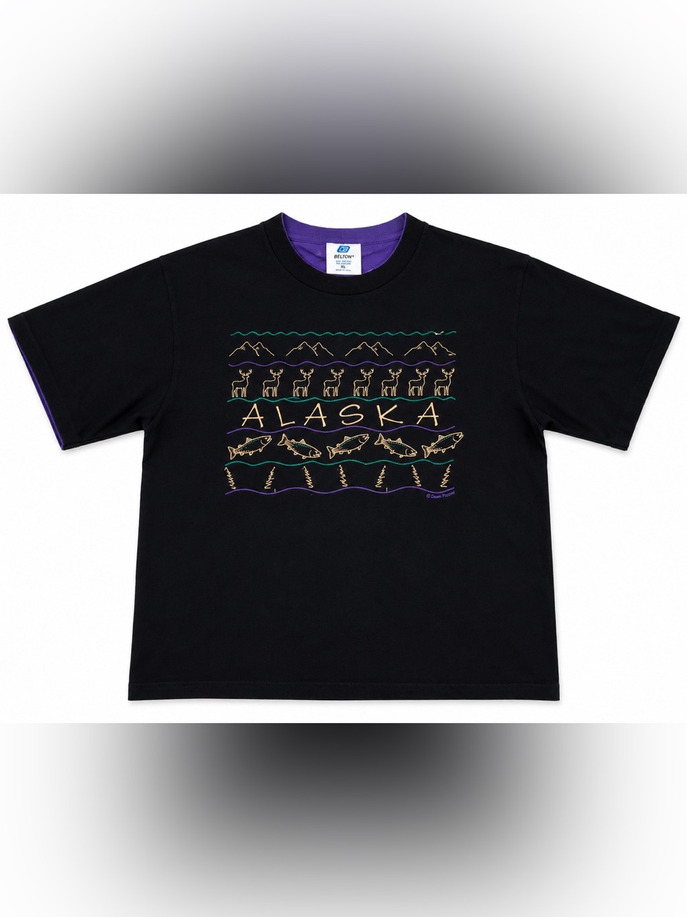 Vintage 90s Belton Alaska T Shirt XL Made USA Black Purple Tourist Tee